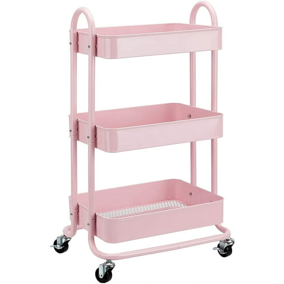 3-Tier Rolling Utility or Kitchen Cart, Lockable Wheels, Multifunctional Storage, Dusty Pink
