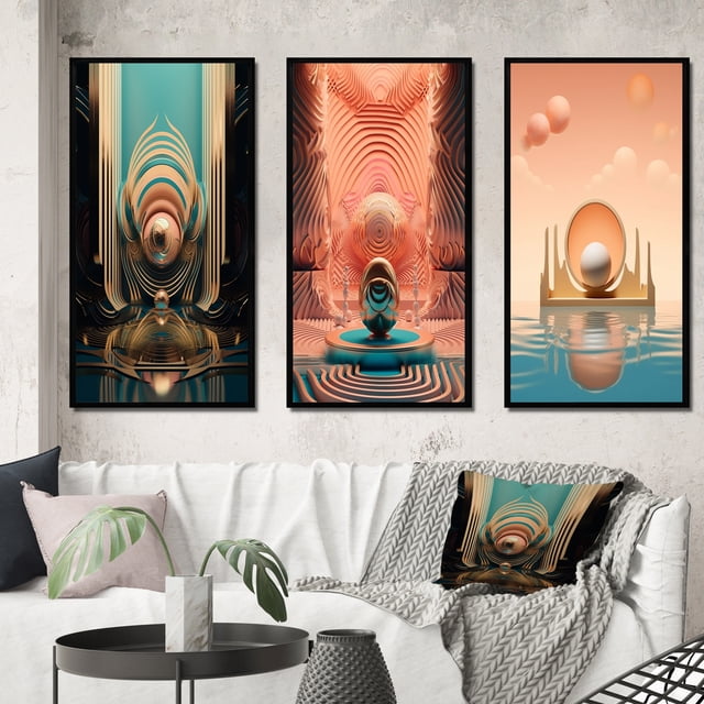 Designart "Retro Futuristic Architecture Graphic Bliss V" Abstract Landscape Framed Wall Art Set Of 3 - Pink Abstract Landscapes Frame Gallery Wall Set For Home Decor