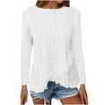 thumbnail image 4 of Lenpel Women's Tops Dressy Casual Long Sleeve Crew Neck Eyelet Embroidered Blouses Ruffle Asymmetrical Hem Shirts, 4 of 7