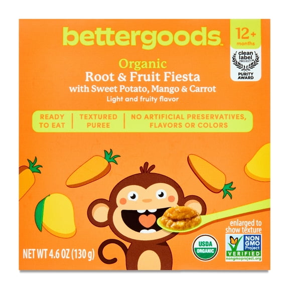 bettergoods Organic Stage 4 Baby Food, Root and Fruit Fiesta with Sweet Potato, Mango, and Carrot, 4.6 oz Tub