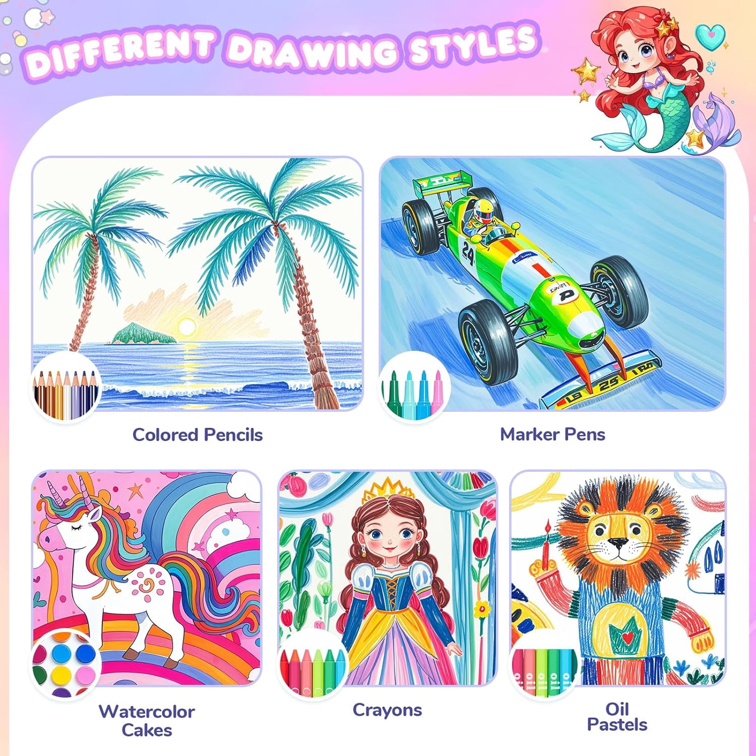 homicozy Art Supplies Kit for Kids Ages 4-12,Mermaid Art Case Coloring Set,Drawing Kits with Markers, Crayons, Colored Pencils,Oil Pastels,Coloring Book,School Supplies,Gift for Kids Artist Age 4+