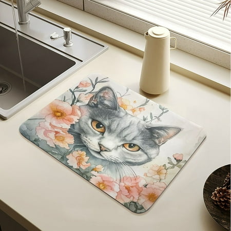 

Wobogo White Cat with Flower Dish Drying Mats Diatomaceous Earth Super Absorbent Non-slip Rubber Sole 19.7×15.7in