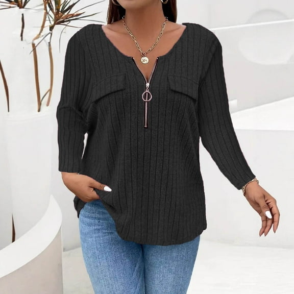 Hanen Women Plus Size Sweaters 3/4 Sleeve Zip V Neck Ribbed Solid Color Casual Blouses Tops