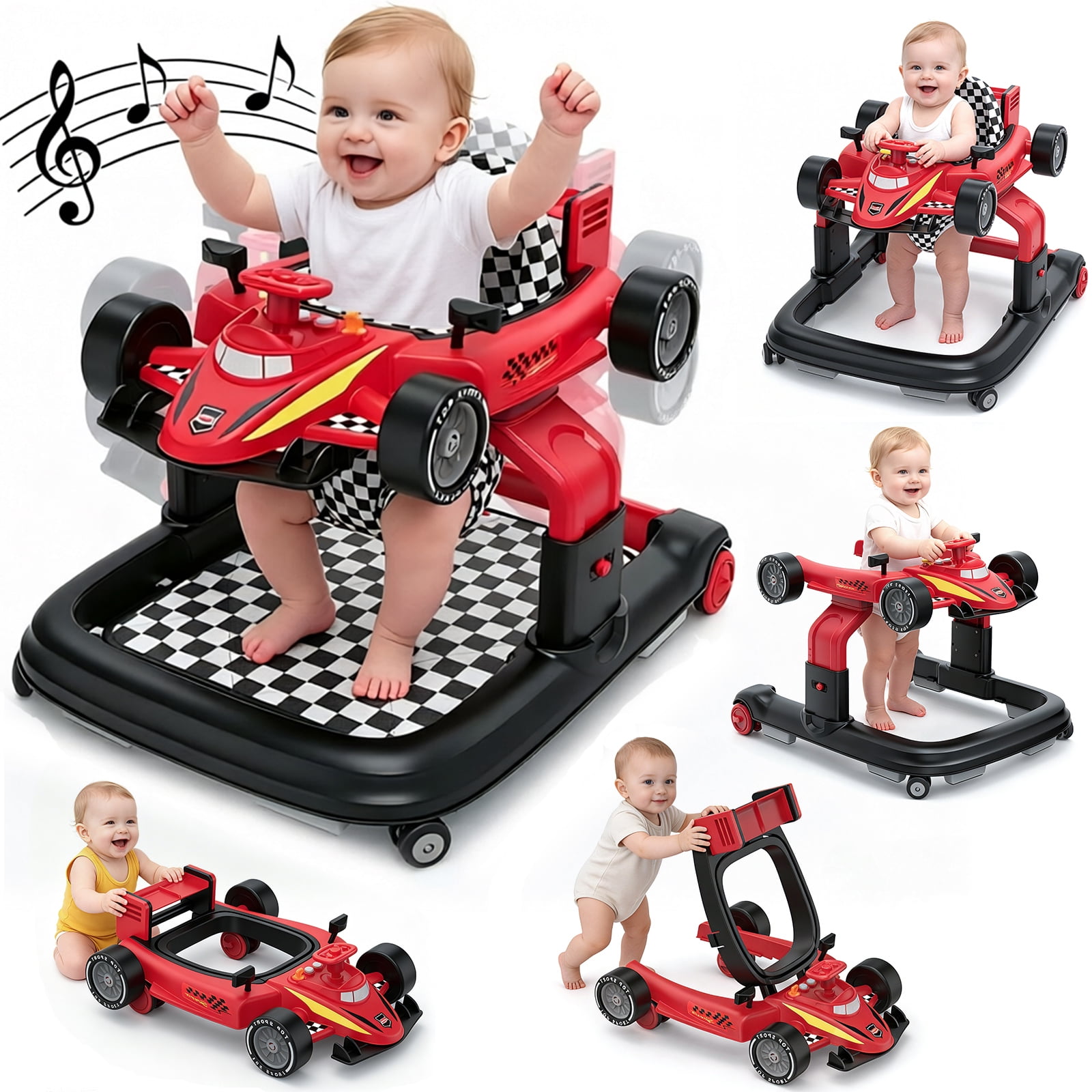 COLIKES Baby Walker Boys, 5 in 1 Walkers for Babies 6-12 Months with Wheels, Push Adjustable Infant Activity Bouncer for Girls, Red Car