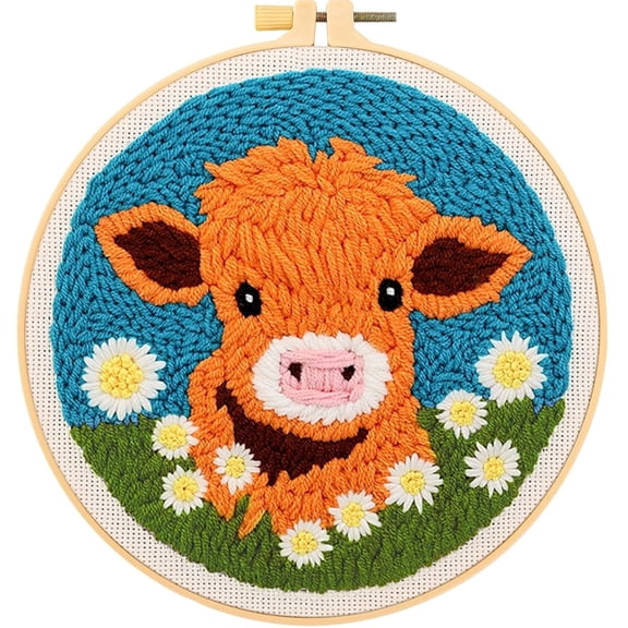 Punch Needle Starter Kits for Beginners, Cow DIY Punch Needle Craft Kit with Hoops and Tools, Handmade Gifts and Decorations