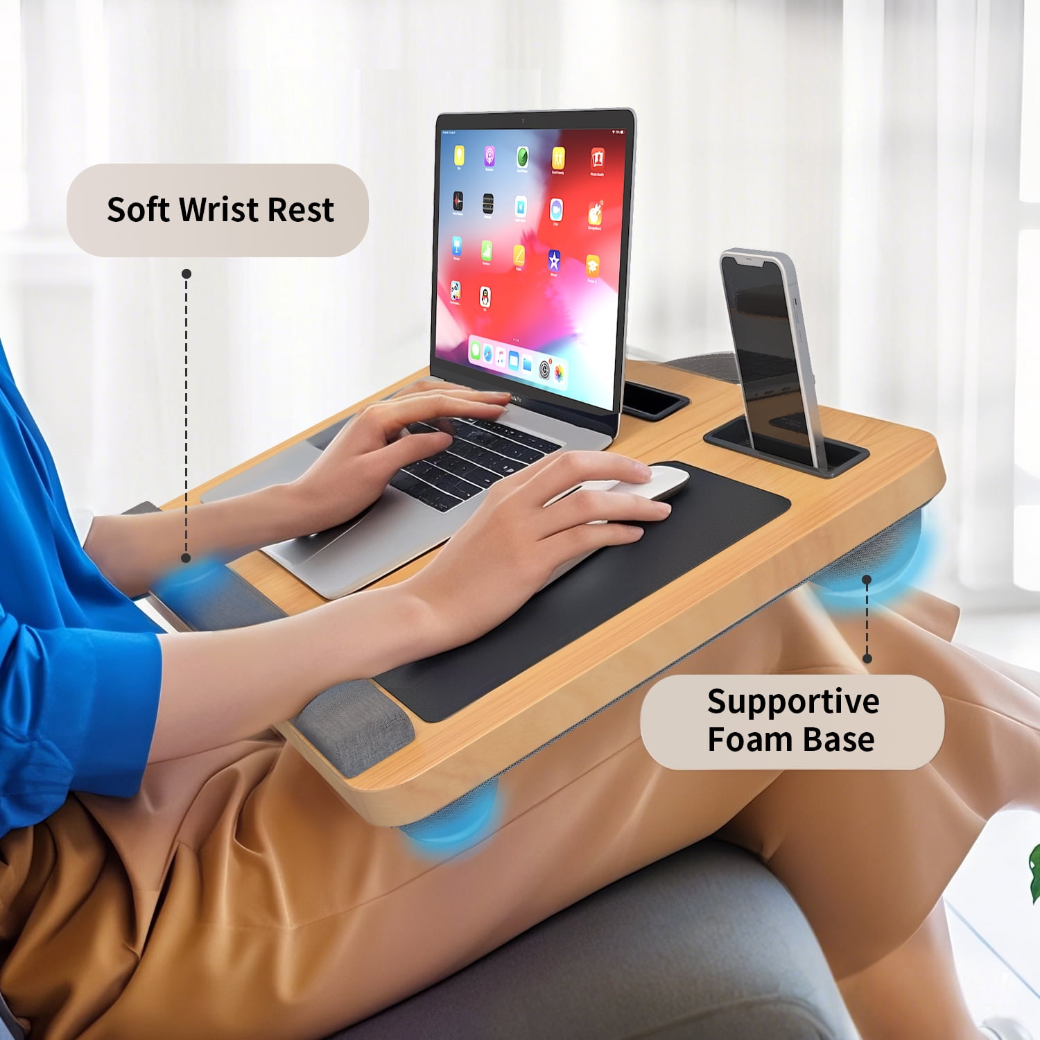 UNICOO Portable Lap Desk with Pillow Cushion, Fits 15.6" Laptop – Anti-Slip Strip, Storage Slot, Ergonomic Laptop Stand for Bed, Couch, or Home Office | Students, Home Office, or Travel (Maple)