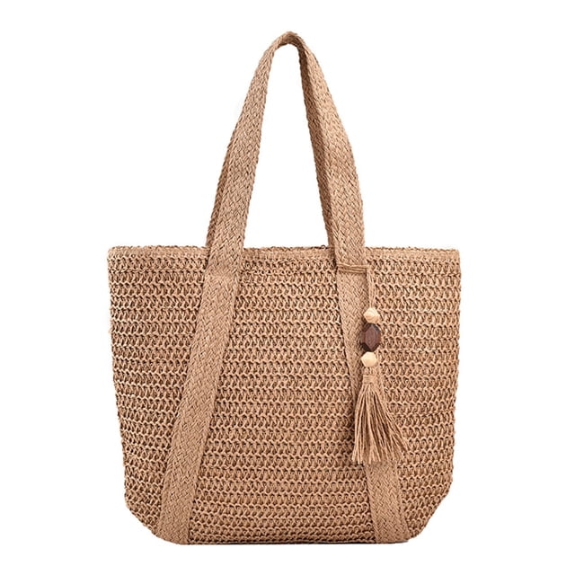 Bolsa de playa tejida a mano color café de gran capacidad