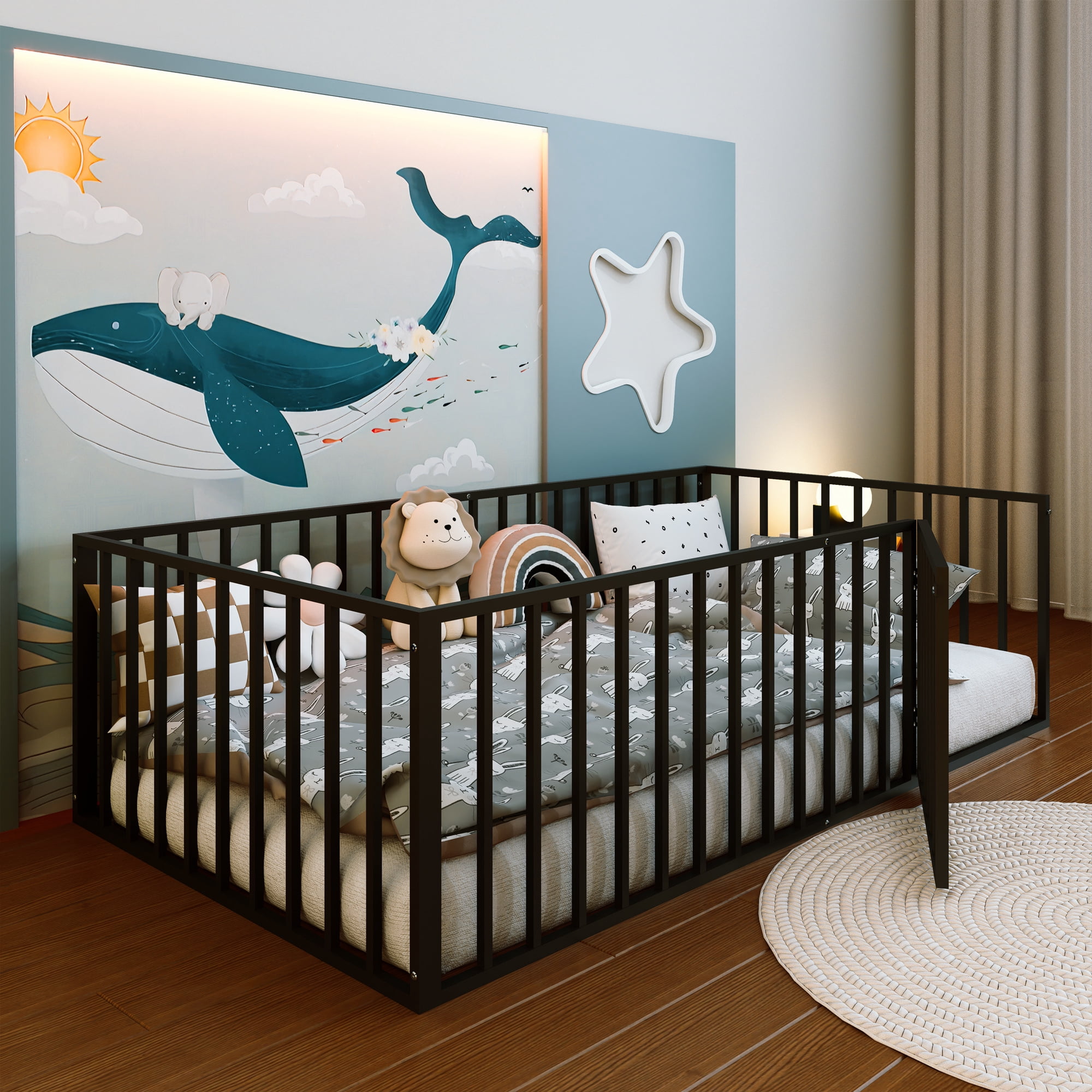 Twin Floor Bed with Door, Metal Montessori Floor Bed with Rails, Low-Profile Montessori Beds, Black