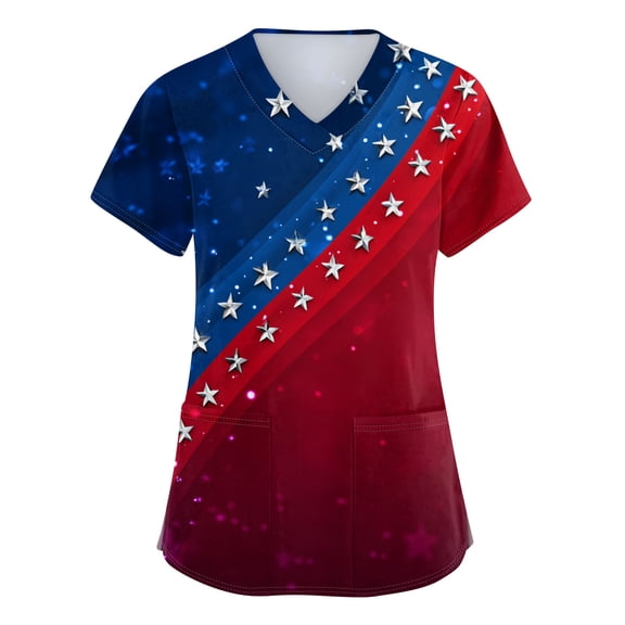 250th Anniversary USA Womens Scrub Tops Loose V Neck Red White and Blue Print Scrubs Short Sleeve 4th of July Celebration Party Scrub Shirts Nursing Uniform Medical Nurse Workwear with Pockets, 5XL