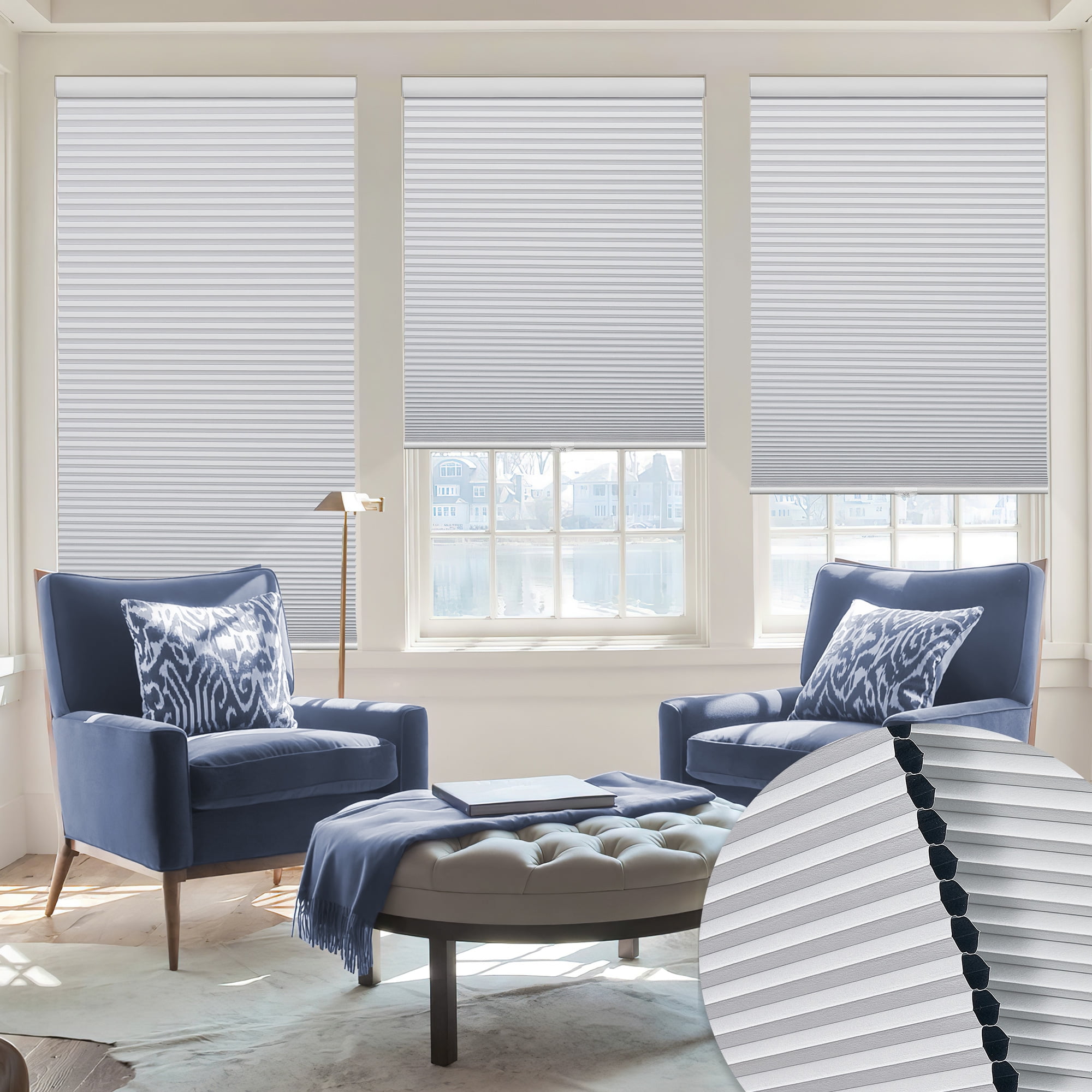 Keego Cordless Cellular Shade for Windows Insulated Mini Blinds for Room Darkening Blackout White, 44"W x 84"H
