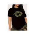 thumbnail image 1 of Women's Camo Lip Print T-Shirt, Soft Knit, Breathable & Machine Washable, Casual Round Neck Short Sleeve Top for All Seasons | Bold Camouflage Design, Black with Green & Brown Accents, 1 of 6