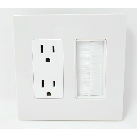 RiteAV 2 Gang 15A Screwless Decorative White Outlet Mesh-Brush Wall Plate