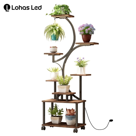 LOHAS LED 62" Tall Flower Stand with Grow Lights, 8-Tier S-Shaped Indoor Plant Shelf, Full Spectrum Timer Light, Rolling Base for Living Room, Bedroom, Balcony