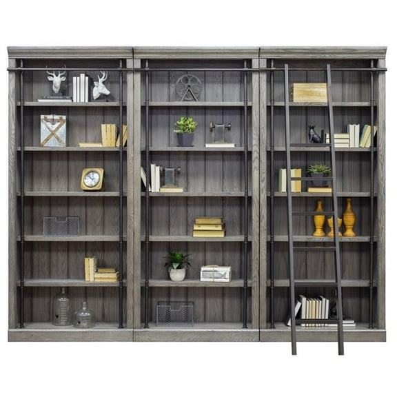 Pemberly Row 8' Gray Tall Wood Bookcase Wall With Ladder Aged Office Bookcases