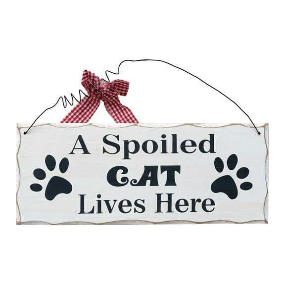 Wood Cat Sign Decor Cat Lover Sign, Hanging Pet Sign for Home Decor, Decorative Plaque Funny Cat Sign with Saying A Spoiled Cat Lives Here, Cat Wall Art Kitten Sign Cat Lover Gift 4X10in
