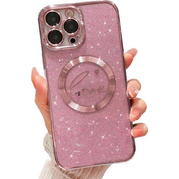 Compatible with iPhone 13 pro Magnetic Glitter Case-6.1 Inch, Luxury Love Heart Pattern Plating Clear Case, Compatible with MagSafe for Women Girls Shockproof Back Cover-Pink