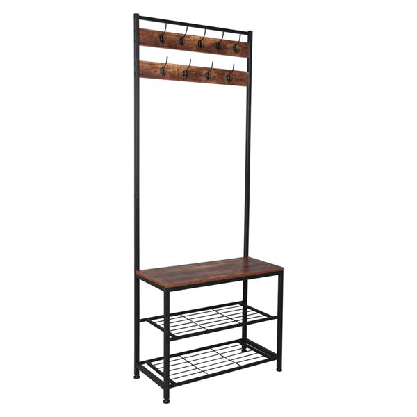 Storage Shelf Organizer Industrial Coat Rack Hall Tree Entryway Shoe Bench Accent Furniture with Metal Frame Rustic Brown