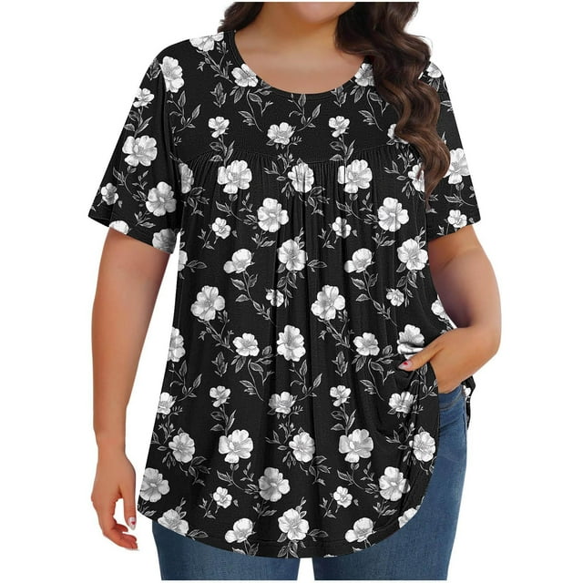Top Plisado Gradiente de las Mujeres, Cuello de la Tripulación Manga Corta Blusa Suelta para el Hogar Y el Uso Diario, Ligera Túnica de Moda Casual