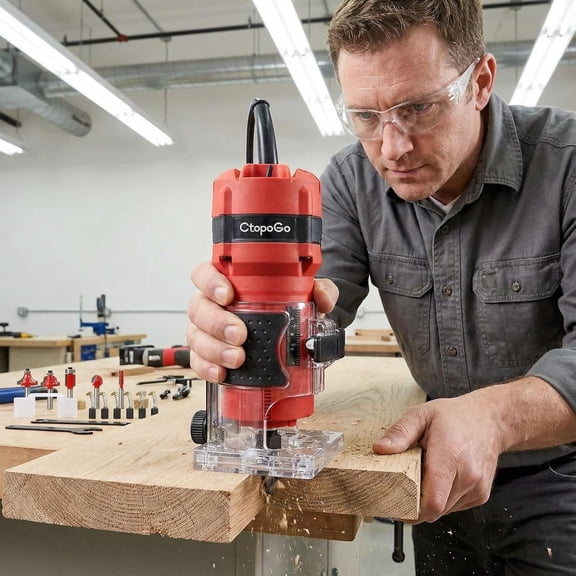 Compact Palm Router Tool, 800W Hand Wood Trimmer Router with 12PCS 1/4" Bits Set for Woodworking