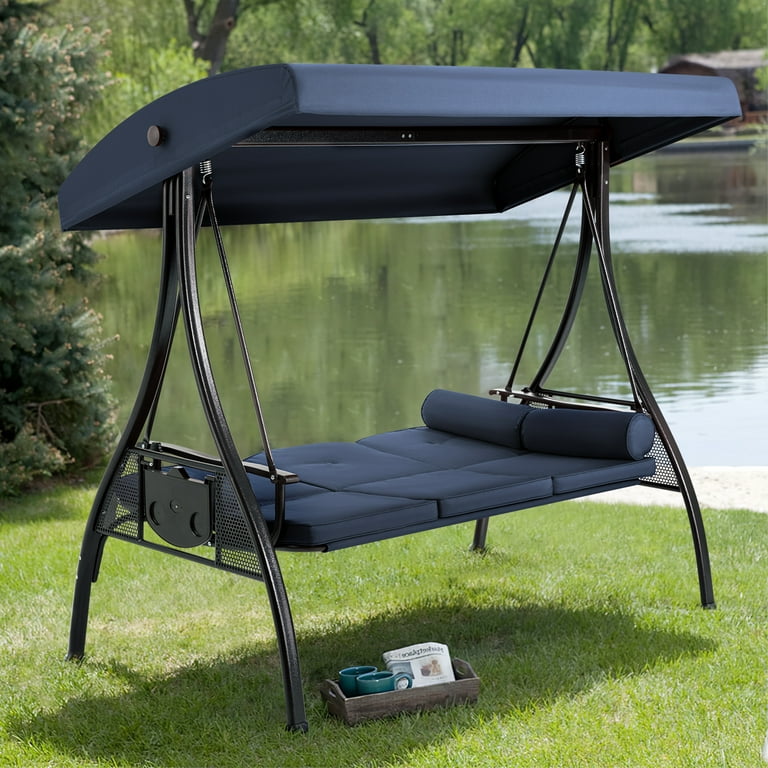 Homrest 3 Person Patio Outdoor Porch Swing with Adjustable Canopy Backrest Swing Bed with Stand for Garden Deck