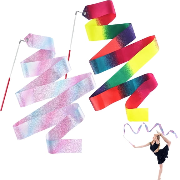 Tutuviw Dance Ribbon Streamer 2 Pcs 78.7" Rhythmic Gymnastics Ribbon with Wand Twirling Dancing Ribbons for Artistic Dancing Training Party Favors (Sparkling Pink and Gradient Colors)