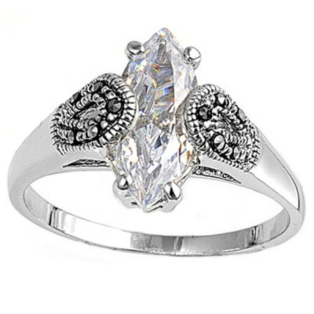 - Marquise Clear Cubic Zirconia Center Simulated Marcasite Vintage Style Ring Sterling Silver