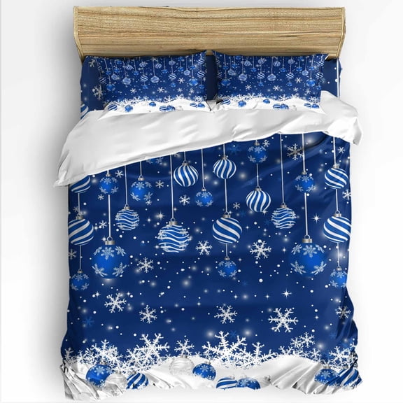 Navy Blue Christmas Balls King Size Comforter Set, Winter Xmas Ball Snowflakes Scenery Bedding for All Seasons, 4 Pcs Bed Set with 1Comforter (90"x106") ,1 Sheet(94"x116"), 2 Pillowcases (19"x35")