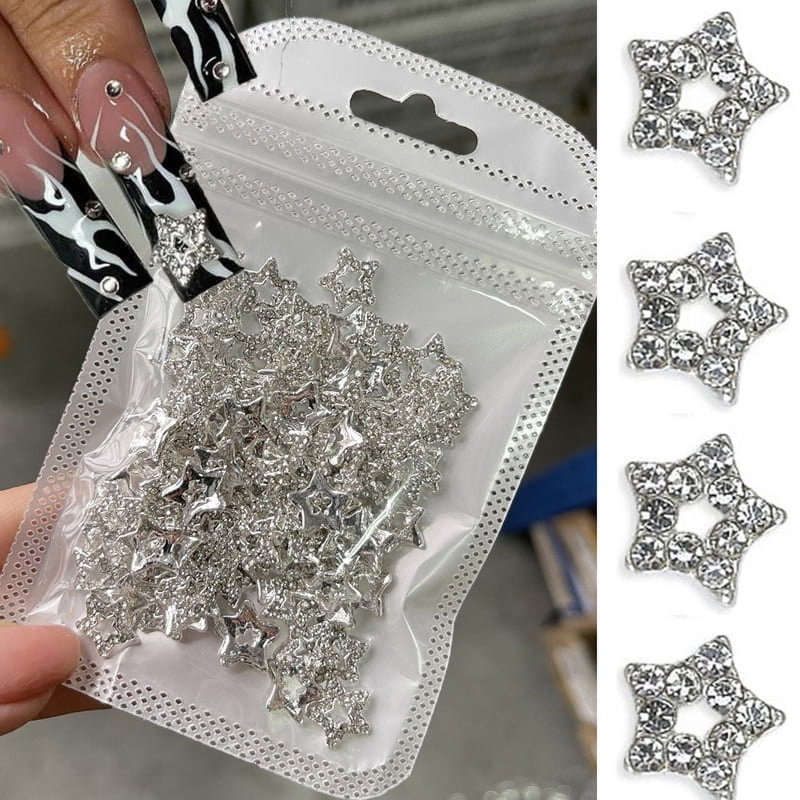 10pcs 3D Silver Pentagram Star Nail Art Alloy Rhinestone Luxury Metal Star Charms Nails Jewelry Gem Manicure Nail Art Decoration
