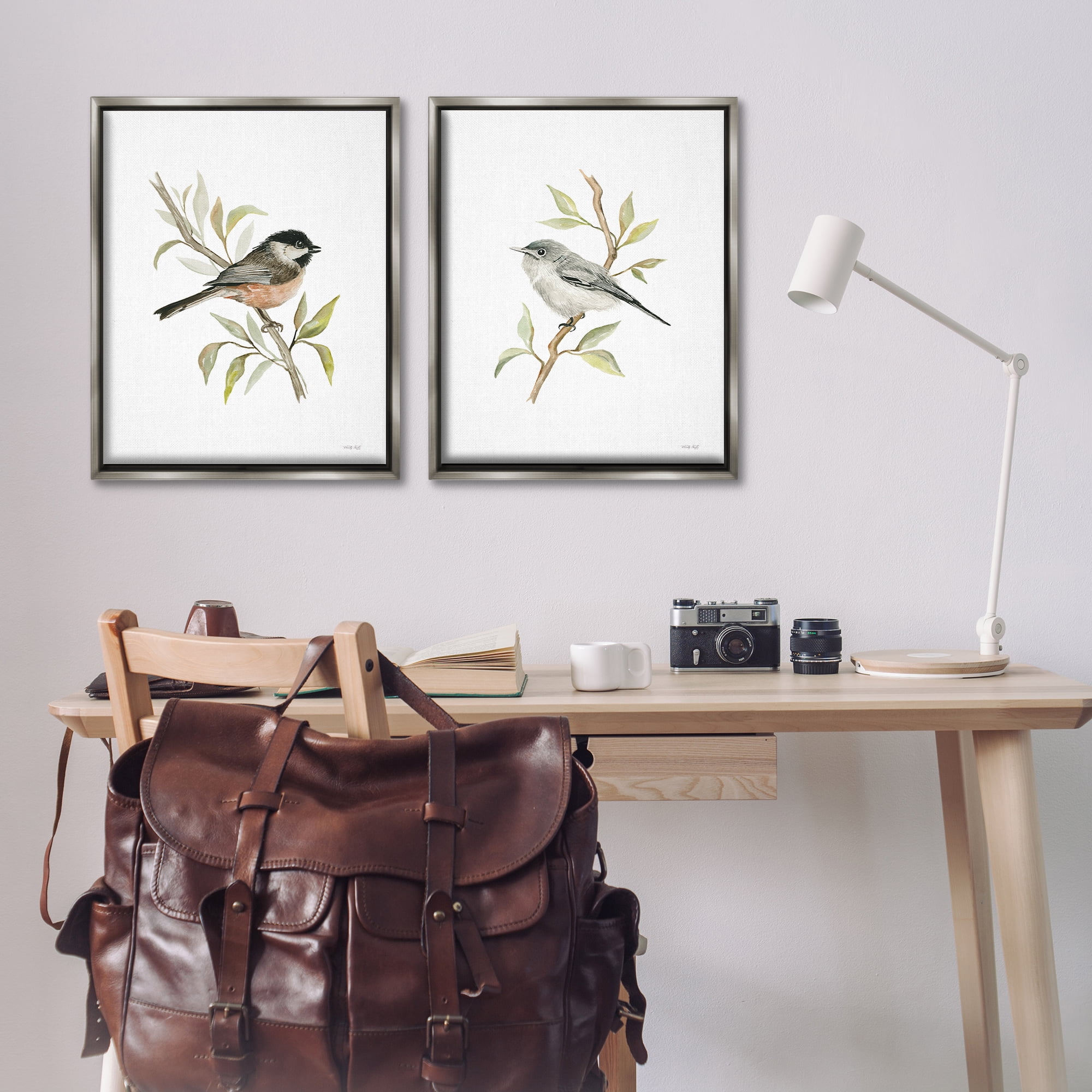 Stupell Industries Small Birds on Branches Animals Painting Gray Floater Framed Canvas Art Print Wall Art, 31 x 25, Set of 2