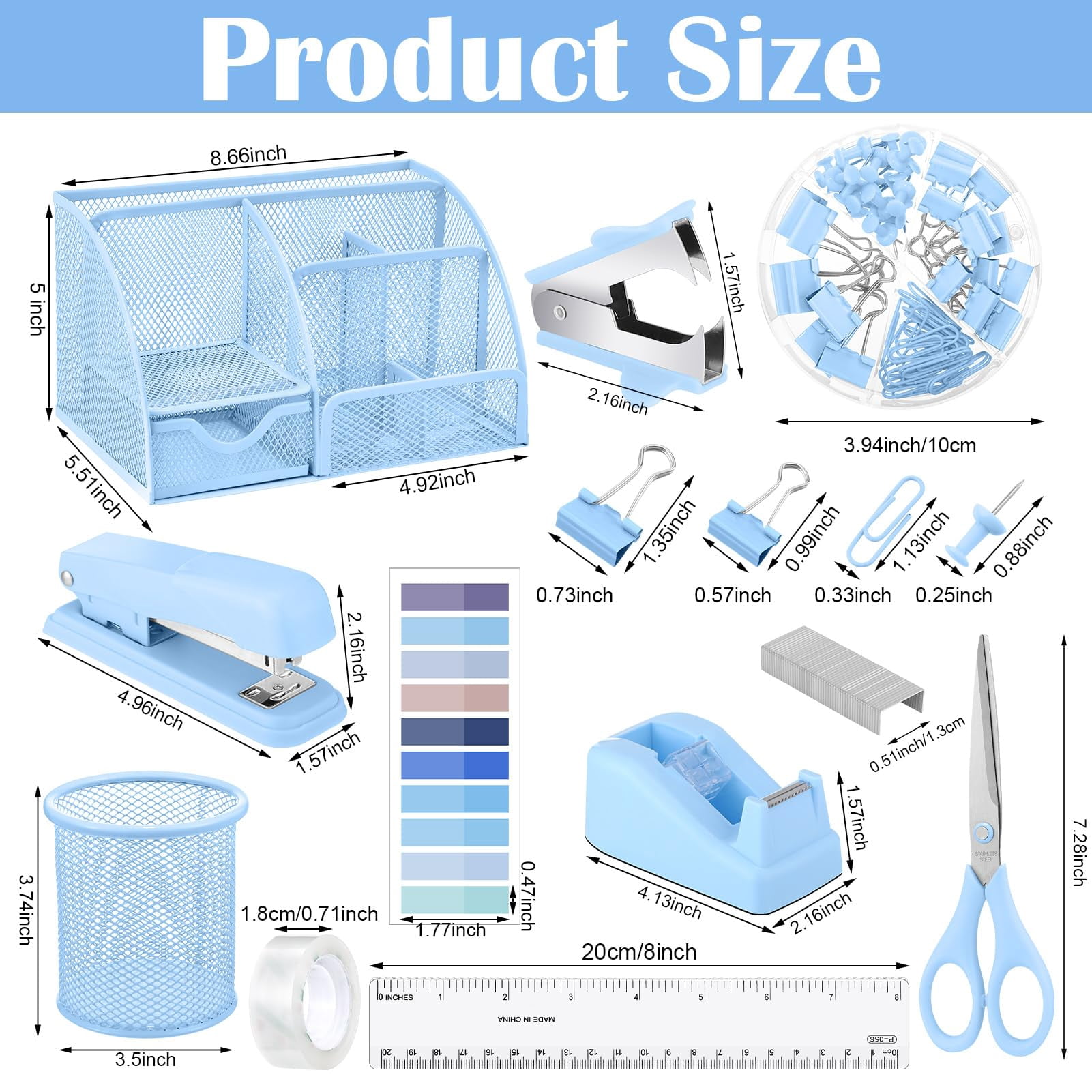 11 In 1 Blue Desk Organizer And Accessories  Light Office Supplies Include Stapler Tape Dispenser Pen Holder Staple Remover Clips Ruler Tapes Tabs