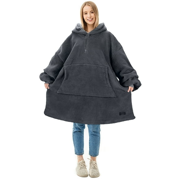 Flyingstar Wearable Blanket, Faux Shearling Comfy Blanket Hoodie Sweatshirt for Adult Women, Men and Teenagers, Oversized Blanket
