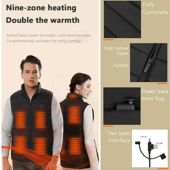 QATAINLAV Womens Mens Heated Vest USB Electric Lightweight Stand up Collar Winer Coat with 9 Heating Zones (Battery Pack Not Included) Black XXXL,