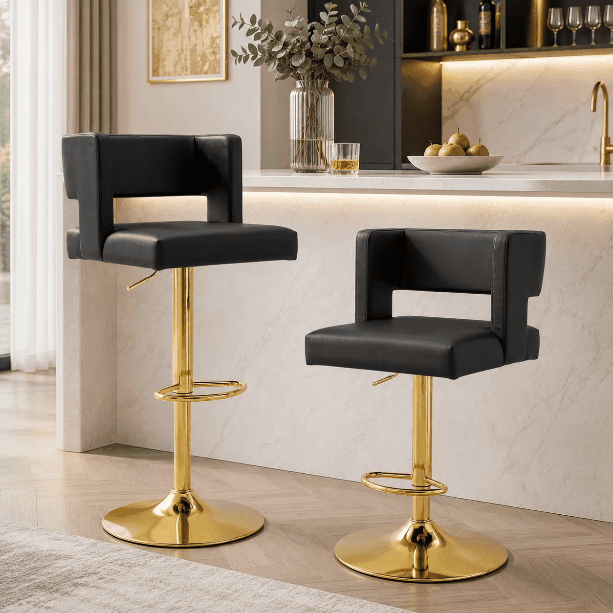Adjustable Bar Stools Set of 2 Black PU Leather Gold Metal 35.4"-44" for Bar