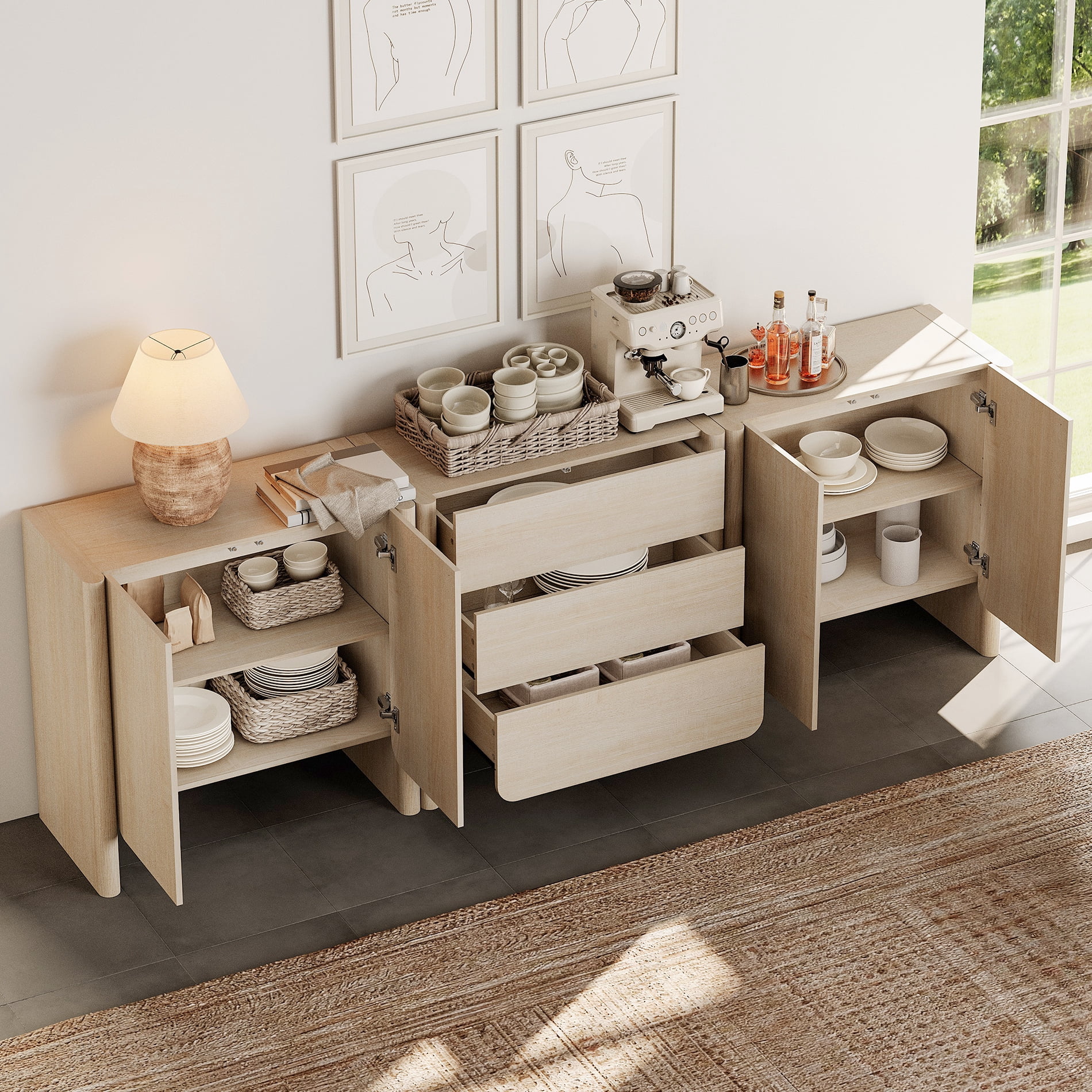 Modern French TV Stand, 94.5-Inch 3-Piece Media Console with 4 Doors and 3 Drawers, Supports TVs up to 105 Inches, Beige