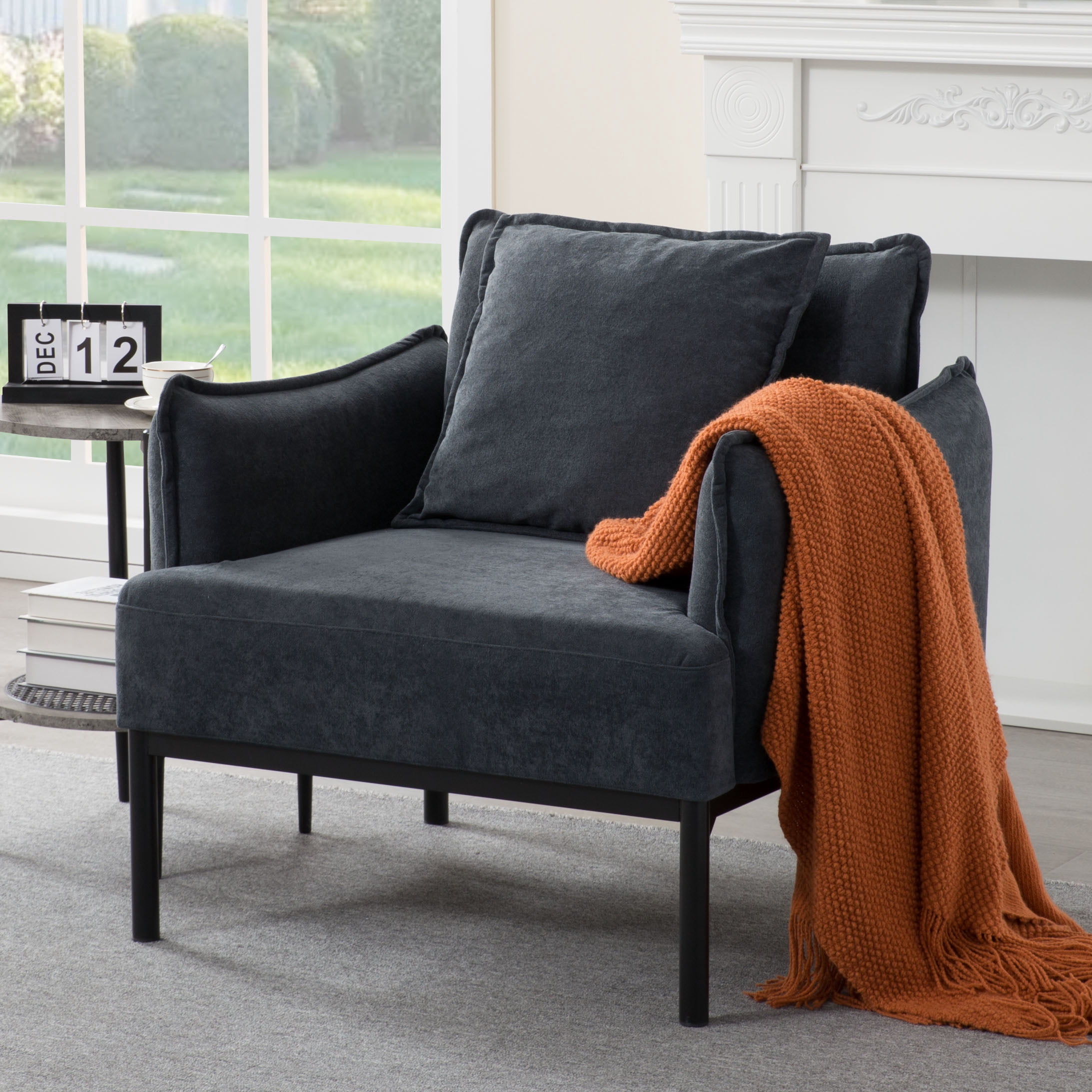 BSHTI 32.48" Modern Accent Chair with Curved Armrest, Upholstered Living Room Chair with Pillow, Solid Wood Frame & Metal Base, Non-Slip, Easy Assembly, Dark Grey
