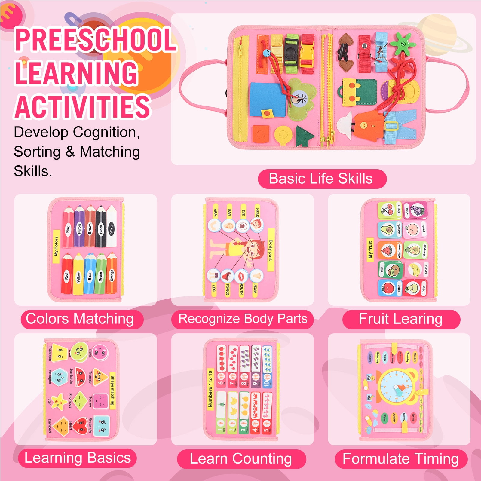 Montessori Busy Board - Ideal Busy Book Toddler Toys & Gifts for Boys & Girls, Toddler Travel Essential for Airplane & Car, Sensory Toys, Great for Baby Gifts for Boys
