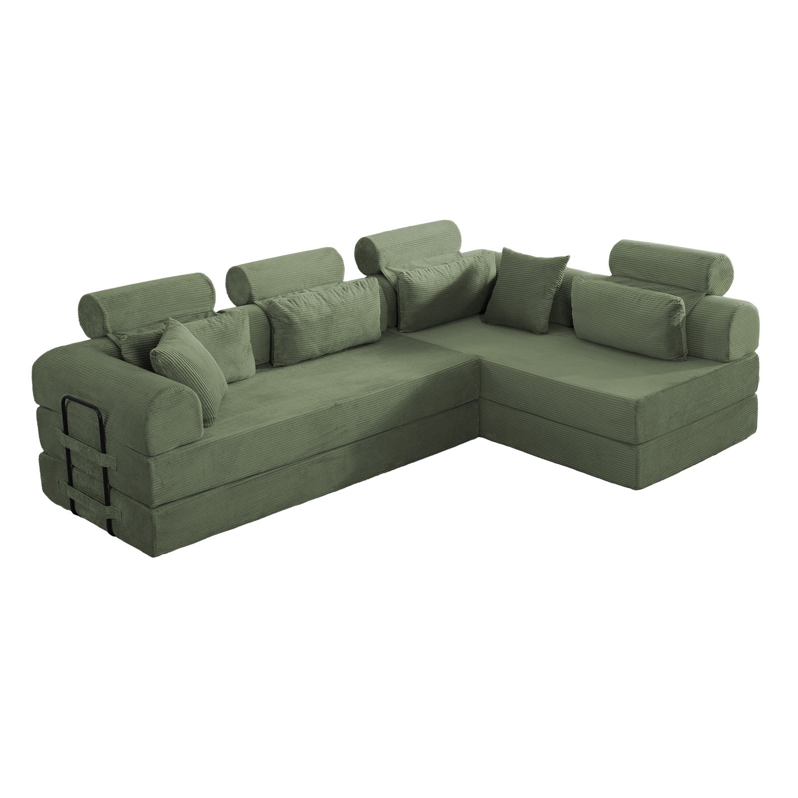 L-Shaped Sectional Sofa Converts to Bed, Corduroy Chaise Lounge with 28D High-Density Foam, No Assembly Compressed Couch for Apartments and Studios, Grayish Green