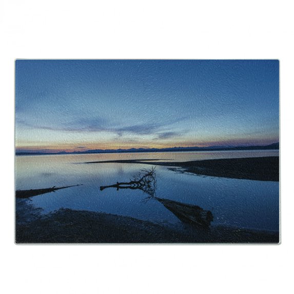 Yellowstone Cutting Board, Lake Horizon Clear Sky Mother Earth Natural Landmark Tree Branch Dawn Picture, Decorative Tempered Glass Cutting and Serving Board, Small Size, Blue Orange, by Ambesonne