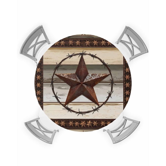 nqOlkjepod Texas Star Farm Round Tablecloth, Fitted Table Cover with Elastic for 55"-60" Round Tables, Vintage Country Star Brown Wood Grain Table Cloth Outdoor Dinning Party Waterproof Tablecloths