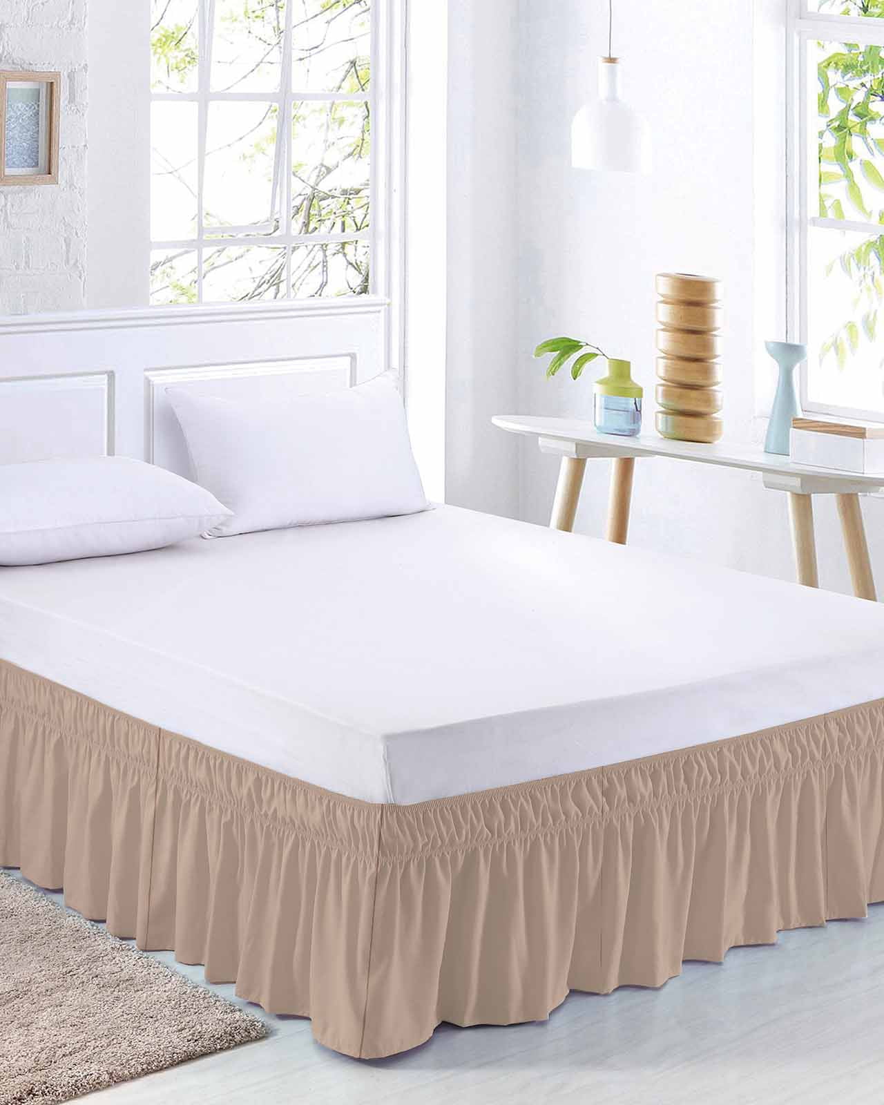 Warm Beige Wrap Around Bed Skirts for Queen Bed 18" Drop, Bed Skirt with Adjustable Elastic Belt Dust Ruffle Bed Valance for Bedroom Hotel Luxury Solid Color Farmhouse Beige Bed Frame Cover