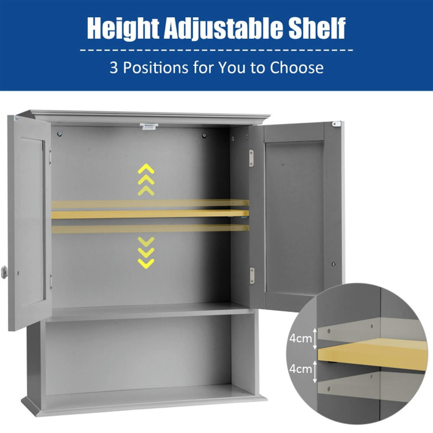 Demi Bonn Wall Mounted Bathroom Cabinet, Medicine Cabinet, 2-Door Wall Mount Bathroom Storage Cabinet with Open Shelf for Kitchen, Entryway, Bathroom, Gray