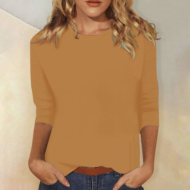 Hauts pour Femmes à Manches 3/4, Coupe Ample Décontractée, Col Rond, T-Shirts Mignons, Tunique Unie à Manches Trois-Quarts, T-Shirt Long pour Femmes, T-Shirt de Course pour Femmes, T-Shirts à Manches Longues pour Femmes, Haut de Course pour Femmes, Petit