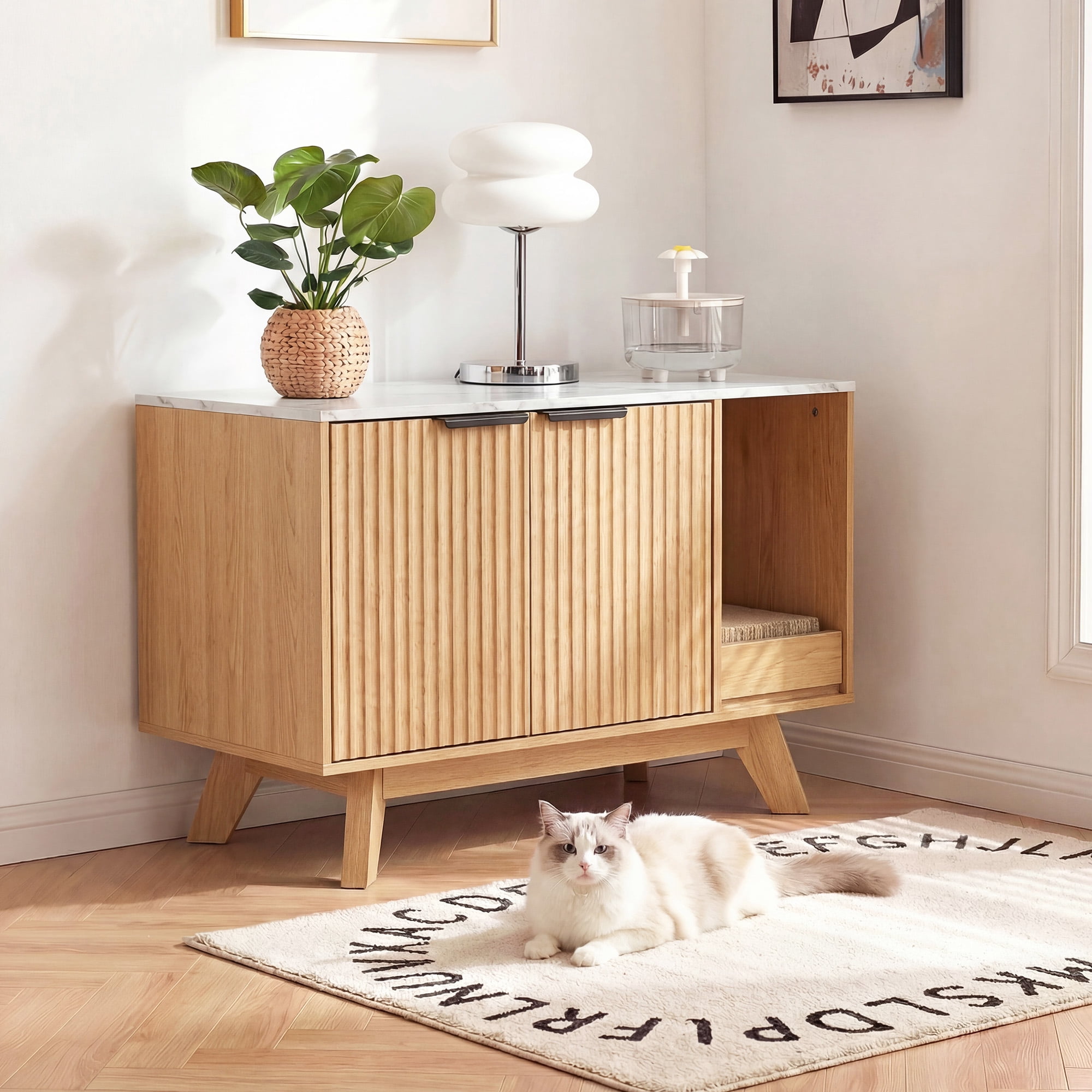 Innovar Home Cat Litter Box Enclosure, 31.5" Large Wooden Hidden Cat Litter Box Furniture,Indoor Cat Washroom for 2 Cats, Dual-Room Cats Cabinet W/Scratching Pad for Living Room Bedroom,Nature Finish