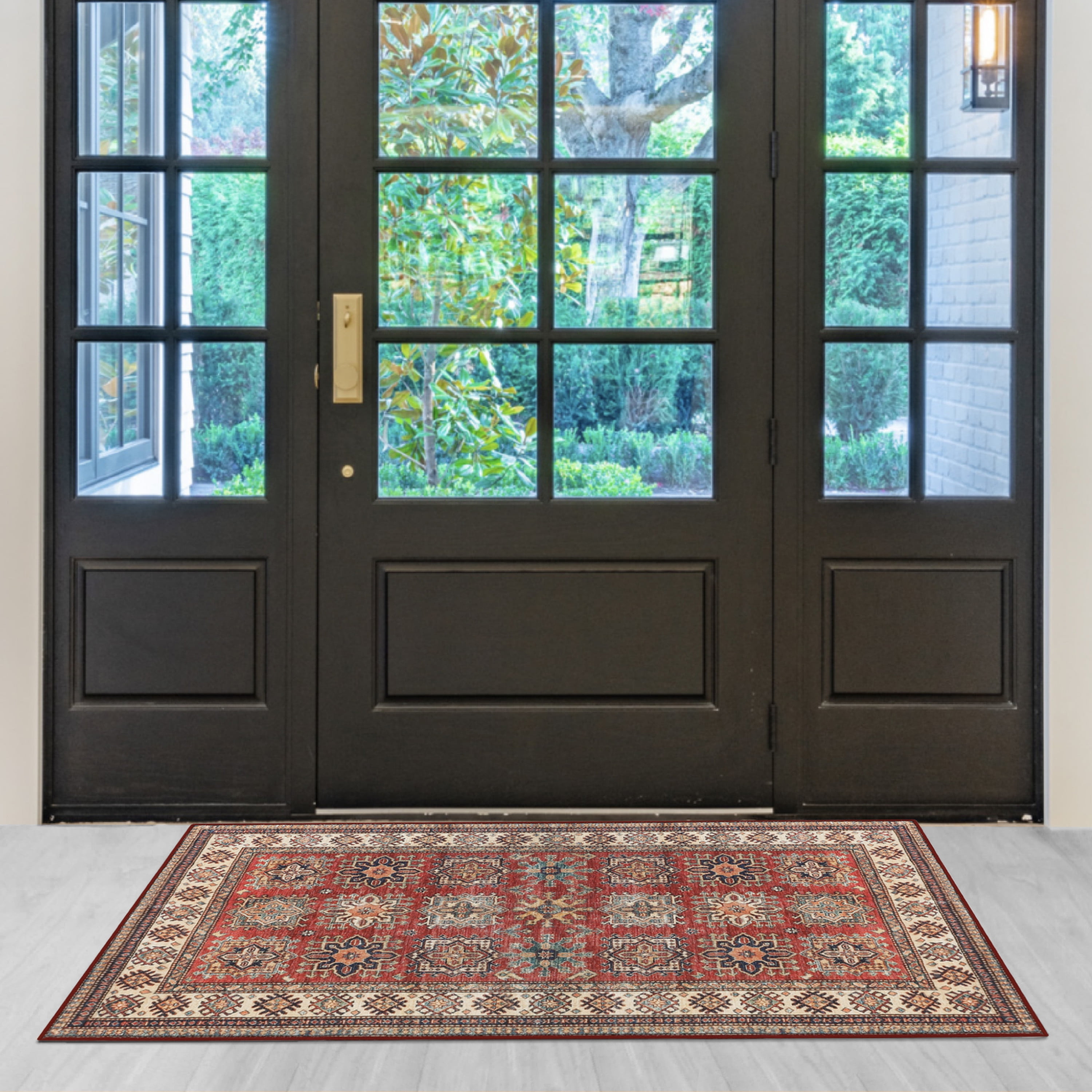 Washable Skid-Resistant Accent Rug Geometric Red 24" x 48"