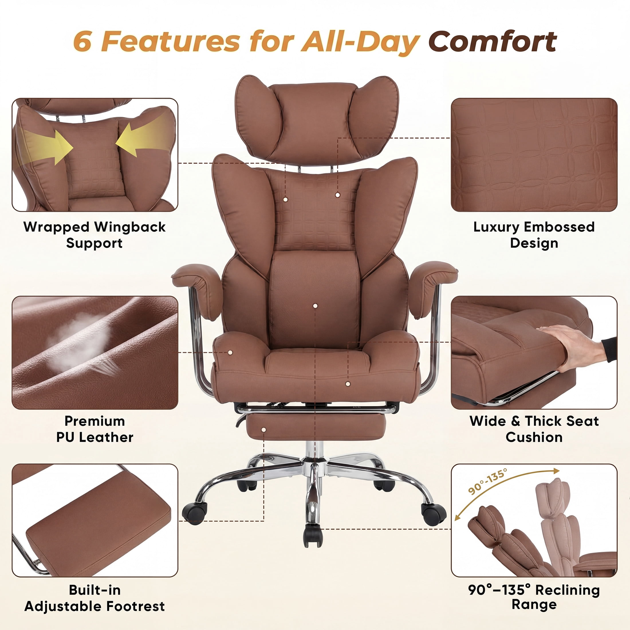 CONCETTA Ergonomic Big and Tall Office Chair, Scratch-Resistant PU Leather Executive Desk Chair with Spring Lumbar Support Brown