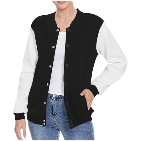 UAMVSH Jackets for Women Casual Button down Athletic Coats Fall Color Block Long Sleeve Baseball Active Jackets Outwear with Pockets(Medium Black)