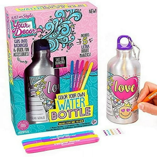 Just My Style Your Decor Color Your Own Water Bottle By Horizon Group Usa, DIY Bottle Coloring Craft Kit, BPA Free Aluminum 18.9fl oz Drinking Water Bottle, Decorate Using Colorful Markers &