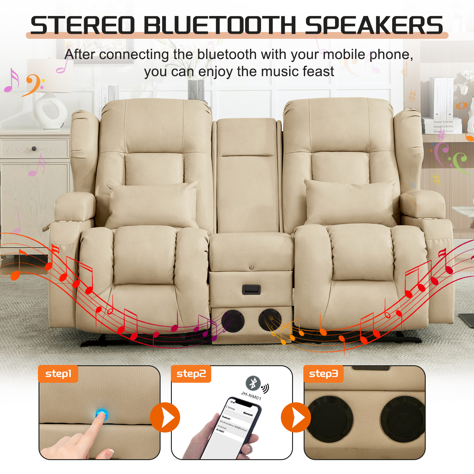 IPKIG 67.7" Manual Double Recliner Loveseat Sofa with Console, Cup Holders, Bluetooth Speakers, USB Ports & AC Outlets, Leathaire Beige