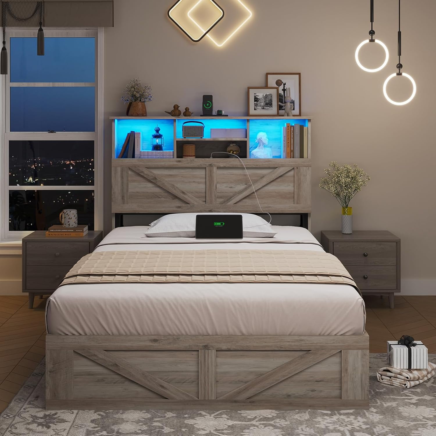 Twin Size Bed Frame, Farmhouse Wooden Platform Twin Bed with Storage Headboard Bookcase and 11'' Under-bed Storage Drawers Gray