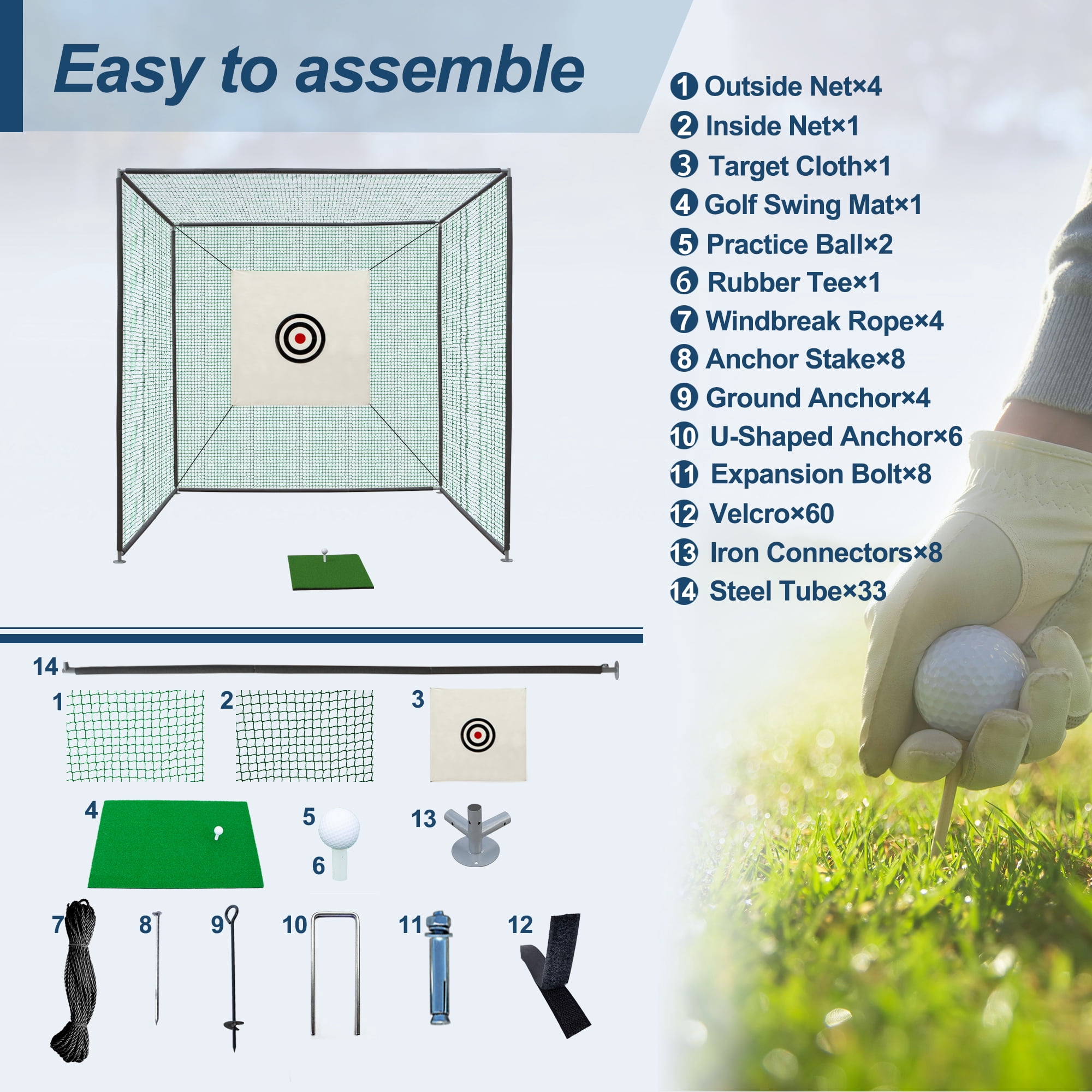 10x10x10FT Golf Practice Net Cage w/ Metal Frame Hitting Net Kit Indoor Outdoor